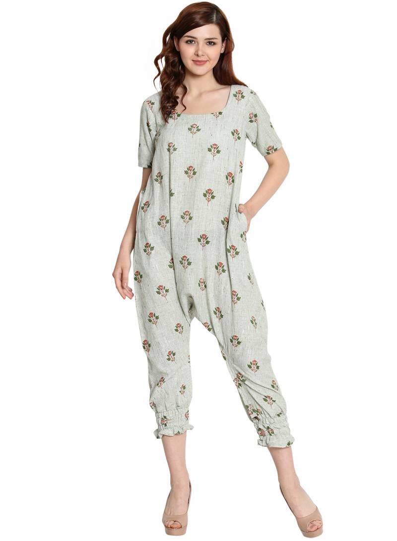 Light Green Cotton Khadi Printed Jumpsuit for Women SIMBHA CREATIONS