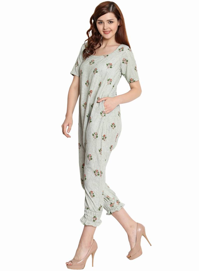 Light Green Cotton Khadi Printed Jumpsuit for Women SIMBHA CREATIONS