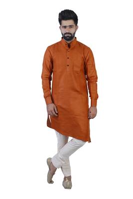 Orange Cotton Plain Men Kurta 1