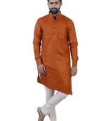 Orange Cotton Plain Men Kurta