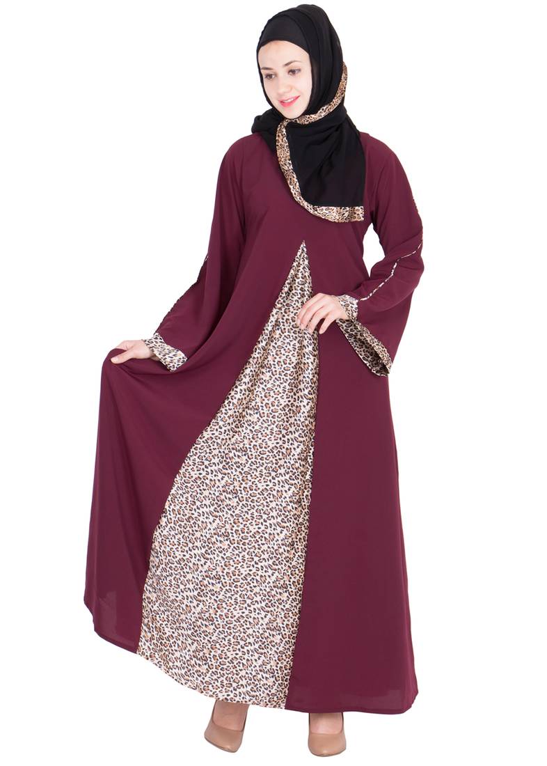 Maroon satin and Crepe abaya with hijab