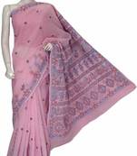 Pink Embroidered Cotton Saree With Blouse