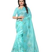 Light blue embroidered organza saree with blouse