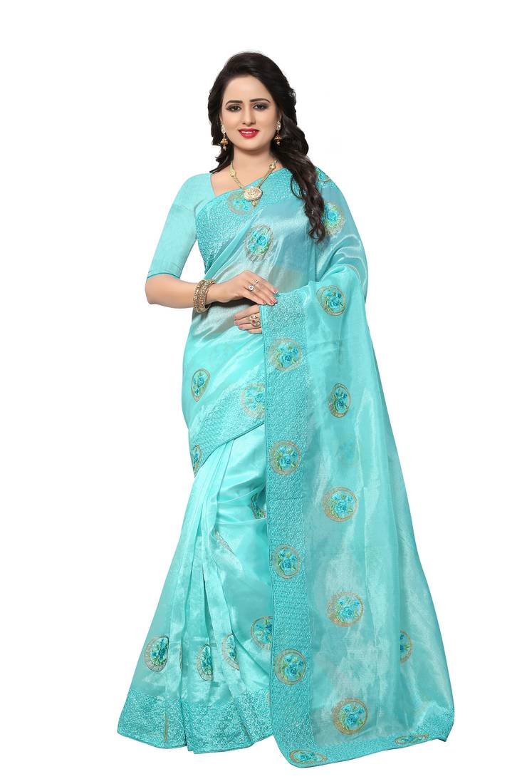 Light blue embroidered organza saree with blouse