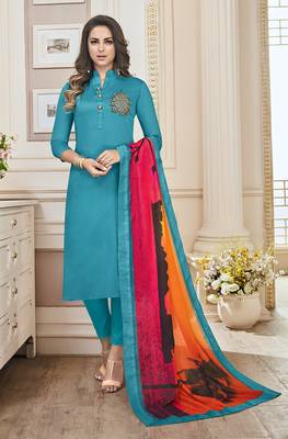 Sky Blue Cotton Semi Stitched Salwar With Dupatta 1