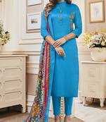 Sky Blue Cotton Semi Stitched Salwar With Dupatta