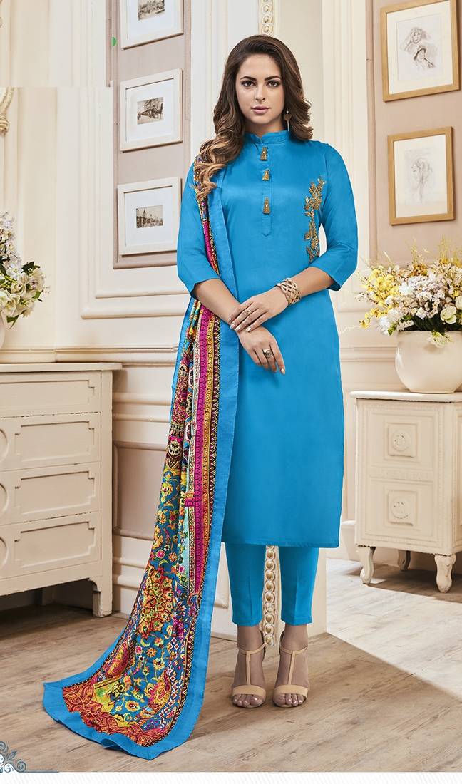 Sky Blue Cotton Semi Stitched Salwar With Dupatta