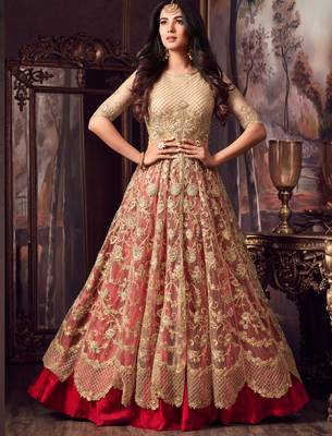 Beige Net Semi Stitched Anarkali Suit 1