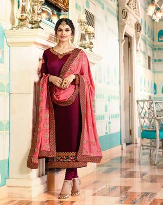 Wine Embroidered Silk Salwar With Dupatta 1