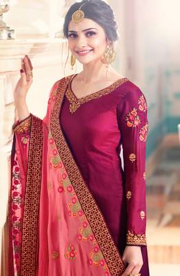 Wine Embroidered Silk Salwar With Dupatta 2