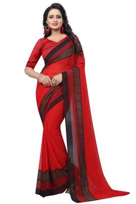 Red printed georgette saree with blouse 1
