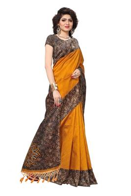 Yellow printed mysore silk saree with blouse 3