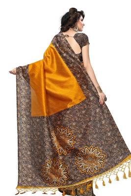 Yellow printed mysore silk saree with blouse 4
