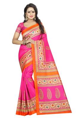 Pink printed bhagalpuri saree with blouse 1