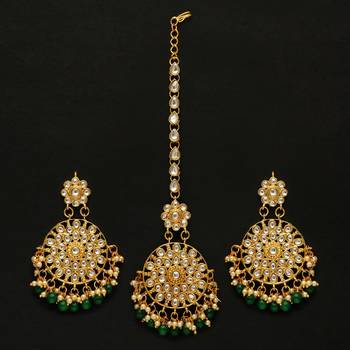 Green Color Kundan Earrings With Maang Tikka 1