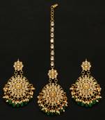 Green Color Kundan Earrings With Maang Tikka