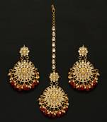 Maroon Color Kundan Earrings With Maang Tikka