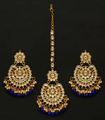 Blue Color Kundan Earrings With Maang Tikka