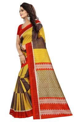 Yellow printed bhagalpuri saree with blouse 2
