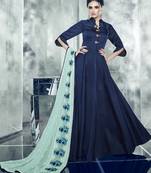 Navy blue embroidered satin stitched salwar with dupatta