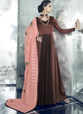 Brown embroidered satin stitched Anarkali Suit 1