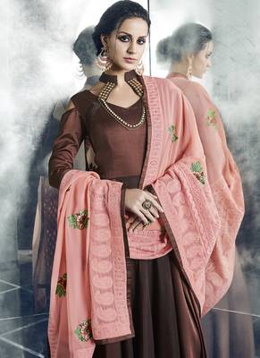 Brown embroidered satin stitched Anarkali Suit 2