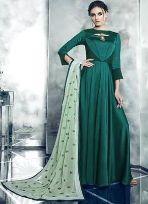 Dark green embroidered satin stitched salwar with dupatta 1