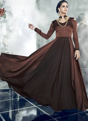Brown embroidered satin stitched salwar with dupatta 1