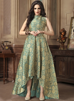 Green jacquard stitched Anarkali Suit 