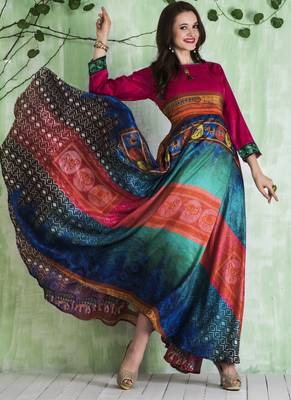 Multicolor digital print tussar stitched Anarkali Suit 1