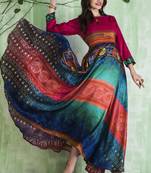 Multicolor digital print tussar stitched Anarkali Suit