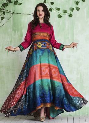 Multicolor digital print tussar stitched Anarkali Suit 2