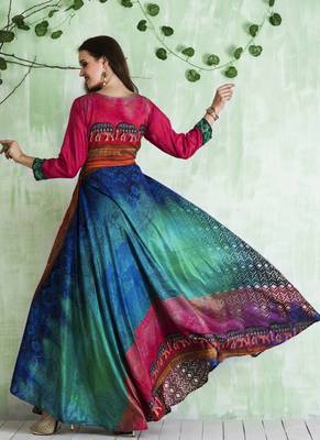 Multicolor digital print tussar stitched Anarkali Suit 3