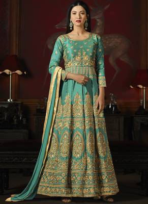Light green embroidered silk semi stitched Anarkali Suit 1