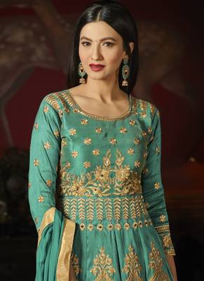 Light green embroidered silk semi stitched Anarkali Suit 2