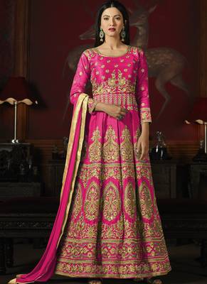 Rani Pink Embroidered Silk Semi Stitched Anarkali Suit 1