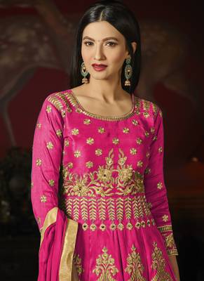 Rani Pink Embroidered Silk Semi Stitched Anarkali Suit 2