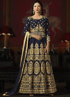 Navy Blue Embroidered Silk Semi Stitched Anarkali Suit 1