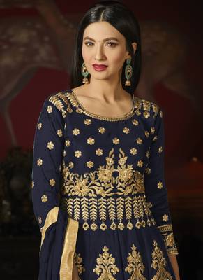 Navy Blue Embroidered Silk Semi Stitched Anarkali Suit 2