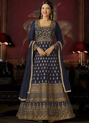 Navy Blue Embroidered Georgette Semi Stitched Salwar With Dupatta 1