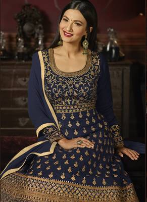 Navy Blue Embroidered Georgette Semi Stitched Salwar With Dupatta 2