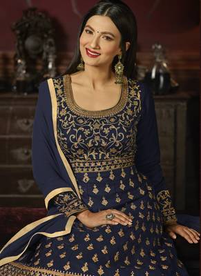 Navy Blue Embroidered Georgette Semi Stitched Salwar With Dupatta 3