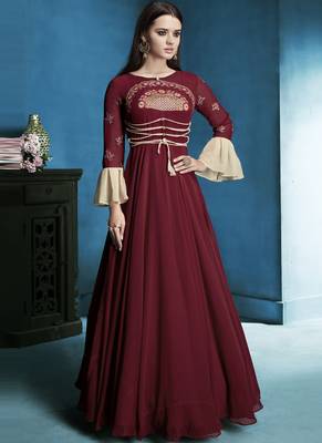 Maroon Embroidered Georgette Stitched Salwar With Dupatta 1