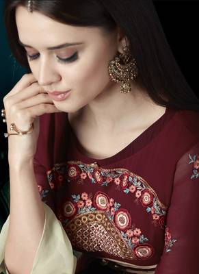 Maroon Embroidered Georgette Stitched Salwar With Dupatta 2