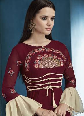 Maroon Embroidered Georgette Stitched Salwar With Dupatta 3