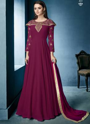 Wine Embroidered Georgette Stitched Salwar With Dupatta 1