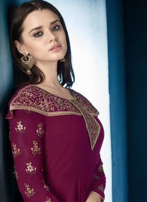 Wine Embroidered Georgette Stitched Salwar With Dupatta 2