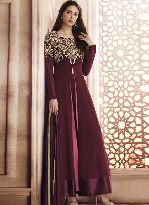 Wine embroidered georgette semi stitched Anarkali Suit 1