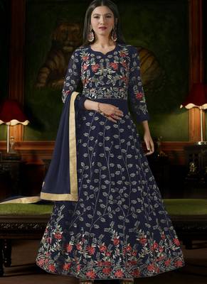 Navy blue embroidered georgette semi stitched salwar with dupatta 1