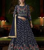 Navy blue embroidered georgette semi stitched salwar with dupatta